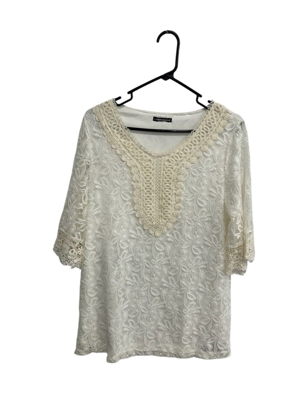 Lauren Michelle Medium Ivory Lace Blouse Crochet Trim 3/4 Sleeves Romanticcore